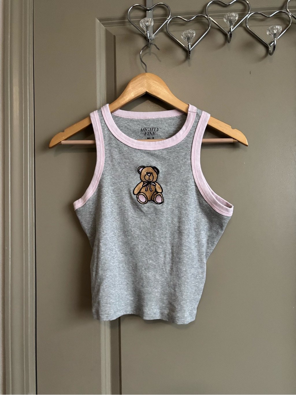 Mighty Fine Gray Tank With Light Pink Neck Trim And Teddy Patch